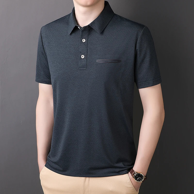Simple Summer Solid Color Ice Silk Vertical Stripe POLO Shirt for Mens Loose Sports Polo Neck Short Sleeve Tshirt Top 241213