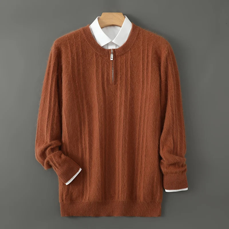 Pure mink cashmere sweater mens knitted pullover long sleeve Autumnwinter coat half zip wide striped crew neck top 241209