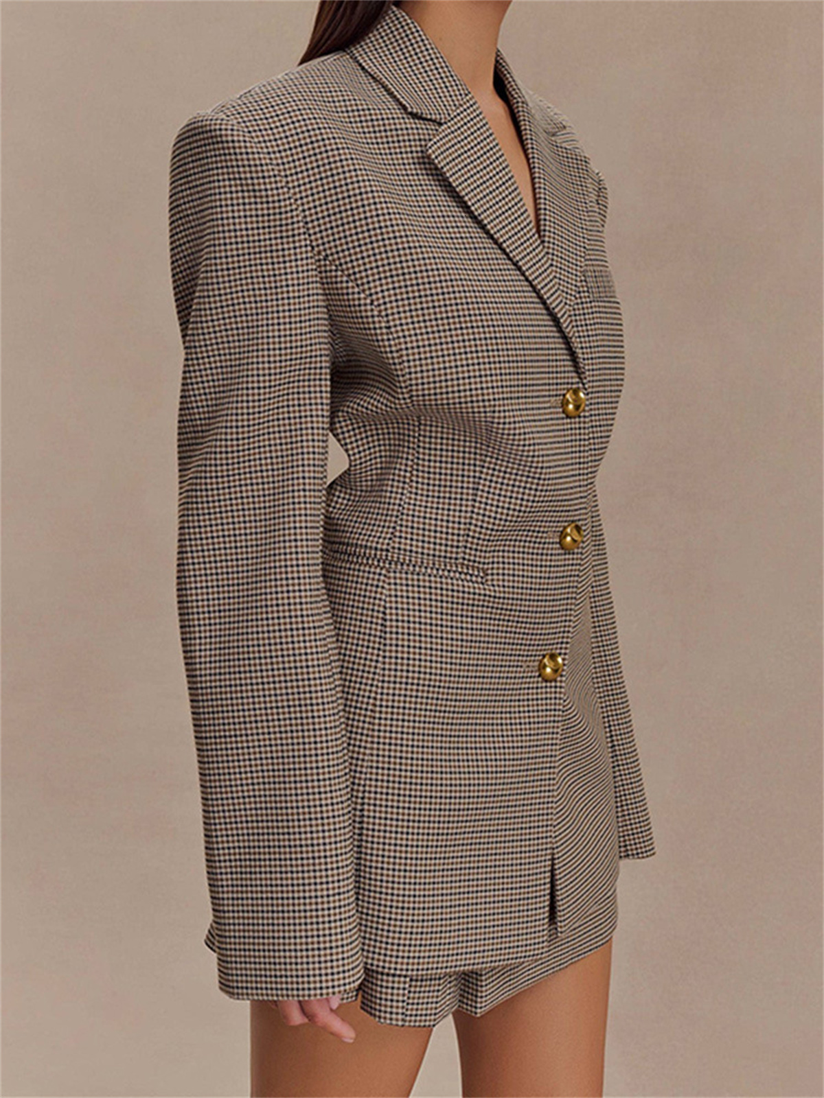 Women Fashion Plaid Lapel Coat Long Sleeved Vintage Slim Suit Jacket Single Breasted Fall Spring Coats Office Lady High Street