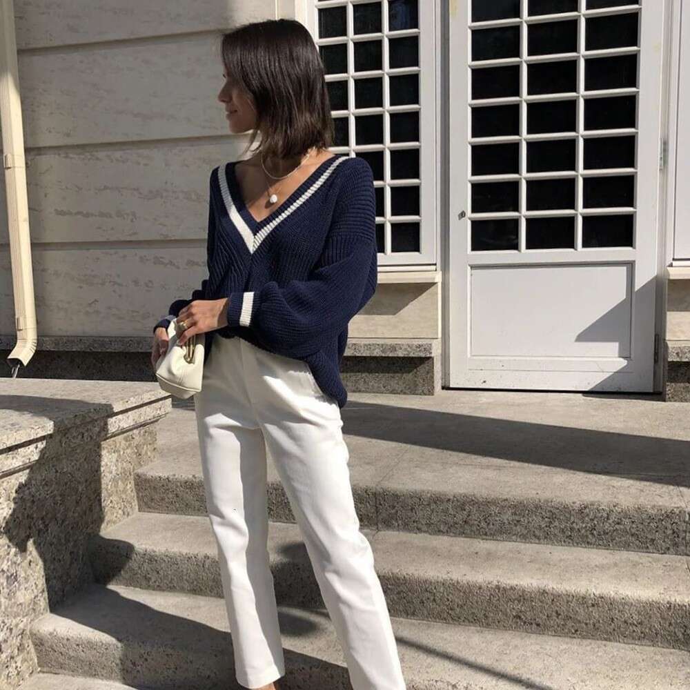 European American popular V-neck knitted in spring and autumn fashion, loose fitting sweater for women
