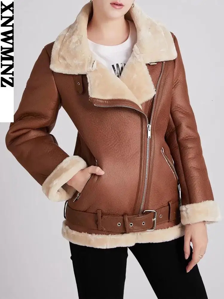 XNWMNZ Winter Coat Womens Thick Artificial Leather Fur Sheepskin Coat Womens Leather Jacket Pilot Jacket Casaco Feminino 241210