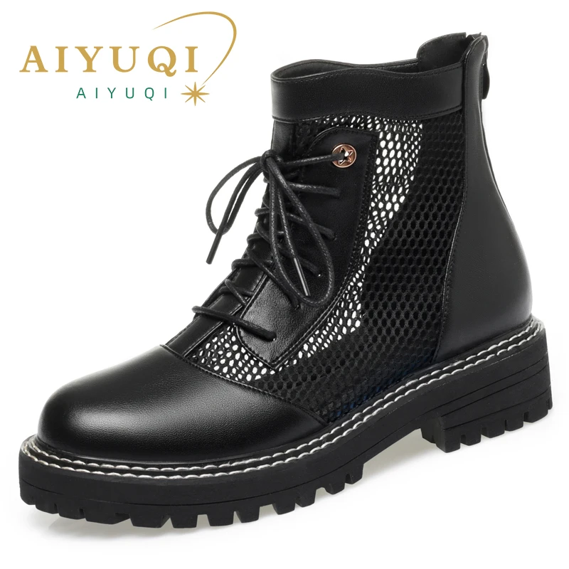 AIYUQI Women's Summer Boots Genuine Leather Lace-up Women's Shoes British Style Plus Size Women's Cool Boots
