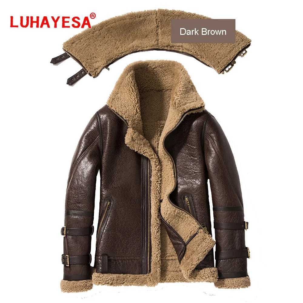 Double neck thick leather sheepskin jacket natural wool coat winter mens warm fur clothing W241213