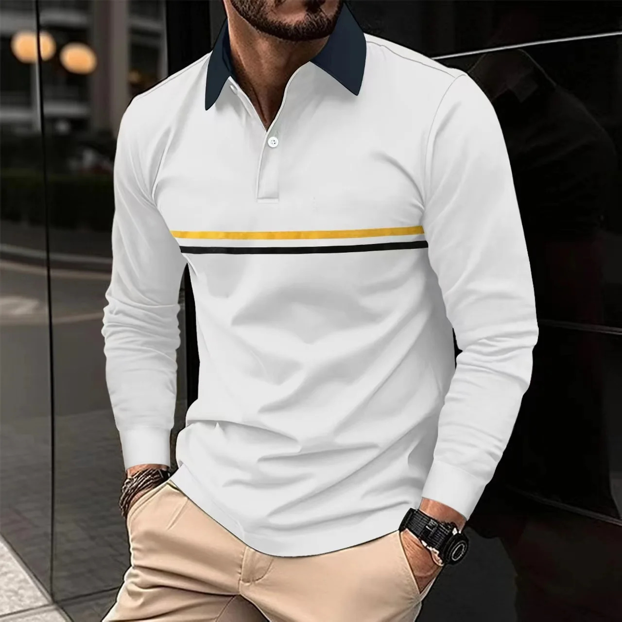 Spring And Autumn Mens Casual Solid Color POLO Shirt Stitching Horizontal Strip Simple n Fashion Slim Classic Style 241213