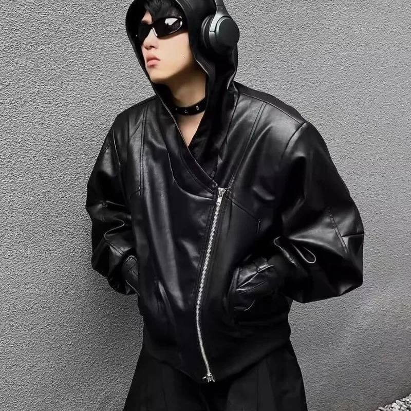 Spring Autumn Korean Style Zippered Hooded PU Leather Jacket Trendy High Street Black Leather Jacket For Men Casual Loose Type