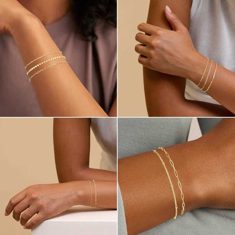 14K Dainty Gold Plated Stackable Bracelets for Women Tren Chain Bracelets Perclip Adjustable Tennis Cute JewelryXJ241214