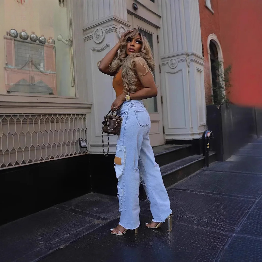 Women Streetwear Cargo Straight Denim Pocket Patchwork Wide Leg Jeans Pants Fall Fashion Ripped Out Party Trousers