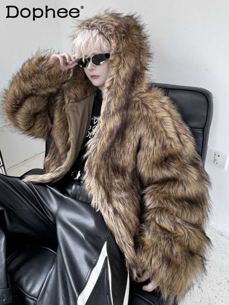 2024 Mens Winter Clothing Retro Imitation Mink Mens Hooded Faux Fur Loose Short Plush Jacket Long Sleeve Trendy Cotton Coats W241213