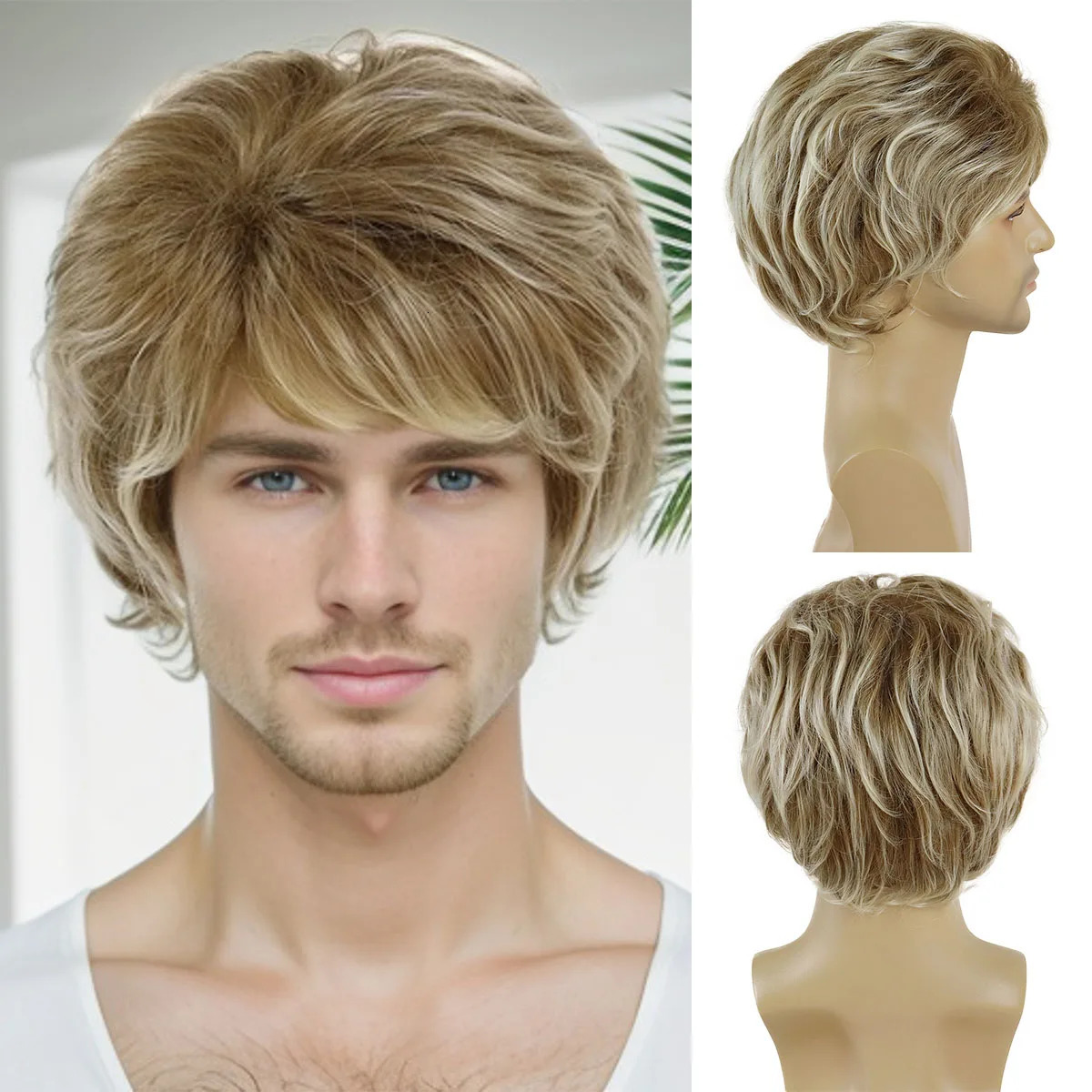 Synthetic Mens Curly Wig Mix Blonde Wigs with Bangs Short Wave Wigs for Men Natural Fluffy Heat Resistant Daily Use false Hair 241213