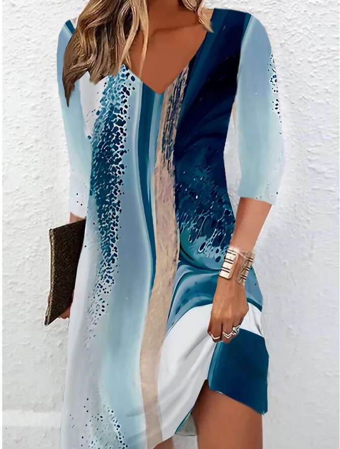 Autumn Printed Mid Sleeve V-neck Medium Length Dress for Women 2024 Versatile New Trendy Clothing Ins