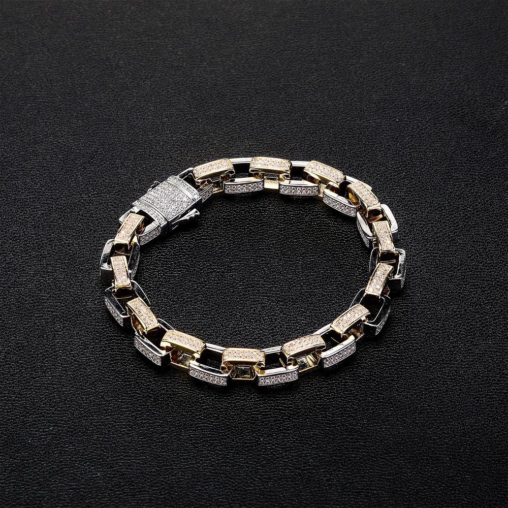 Hip Hop New Geometric Square Link Chain Mens Bracelet Bling Cubic Zircon Spring Buckle Bangle Bracelets 14k Gold Miami Rapper Bijoux Pulsera Hombre Wo