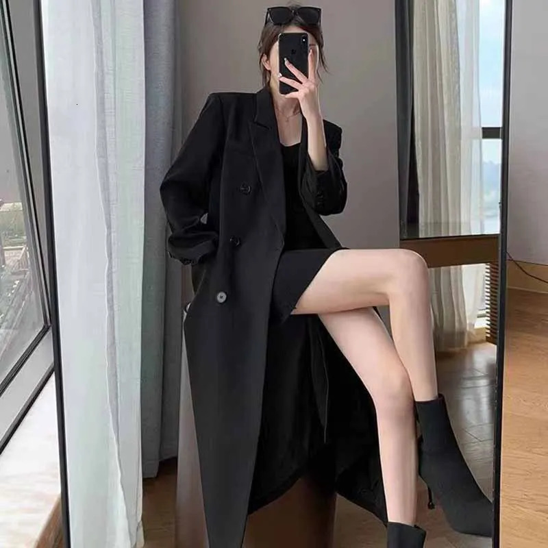 Lucyever Korean Style Chic Office Lady Long Blazers Elegant Double Breasted Blazer Jacket Women Fashion Streetwear Trench Coat 241209