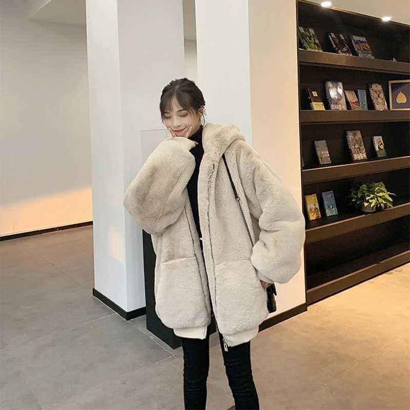 Gold plated thick fur coat for womens autumn and winter cashmere imitation mink Rex rabbit fur coat for womens thick hooded coat X241214