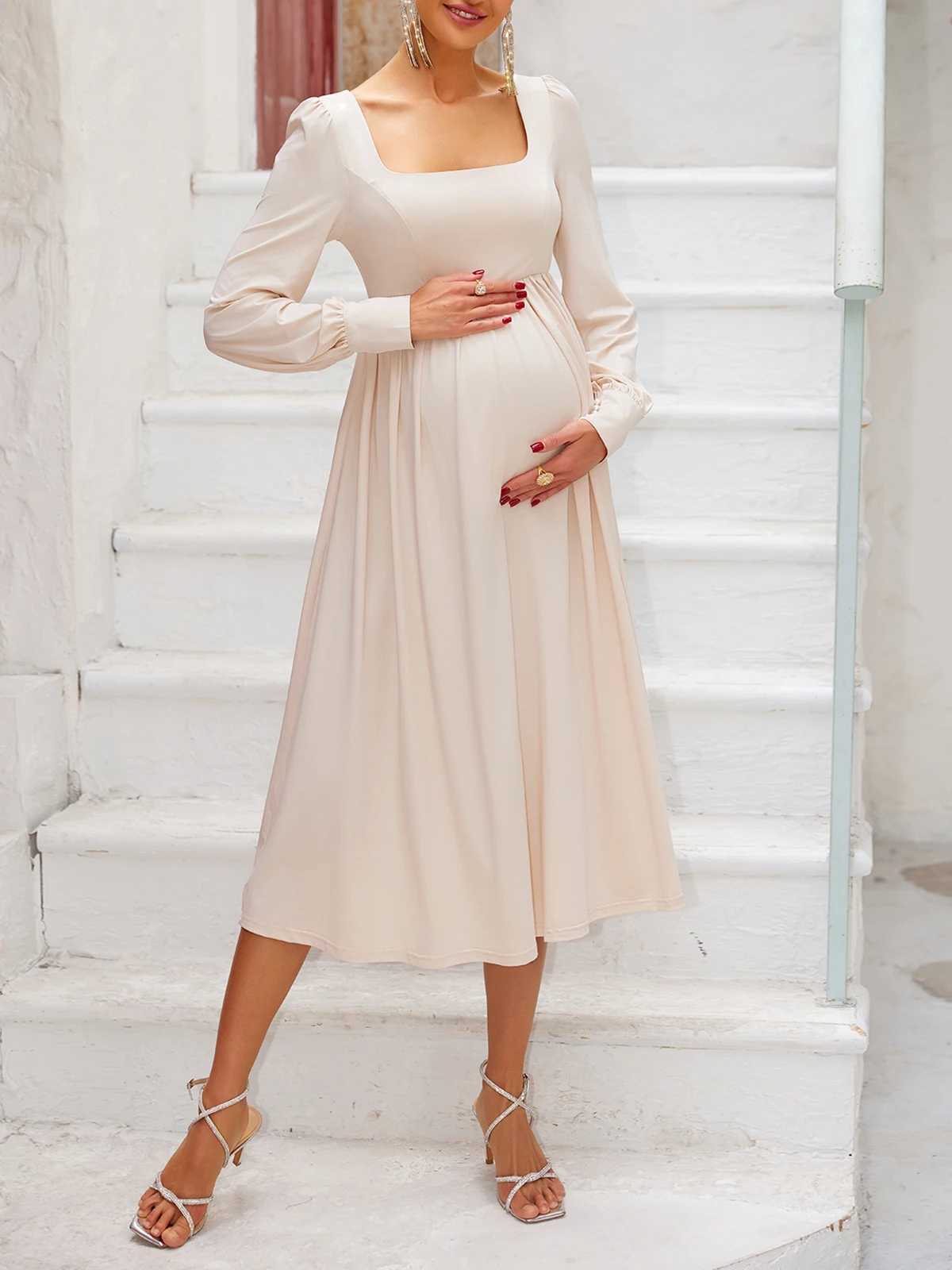 ItsRoya Solid Square Neck Pearl Long Sleeves Materni Dress Ruched Women Photography Props Dresses Casual Pregnant DressesXJ241213