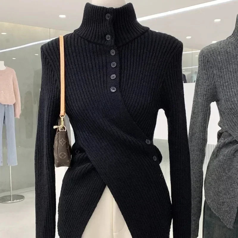 Korean Chic Elegant Slim Fit Cardigan Cross Button Simple Long Sleeve Turtleneck Sweaters 2024 Autumn Allmatch Solid Jumper 241214