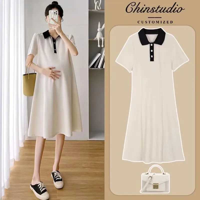 Materni Dress Short Sleeves Polo Summer Lapel Loose-fit Korean Sle Pregnant Womens Clothes ClothingXJ241213