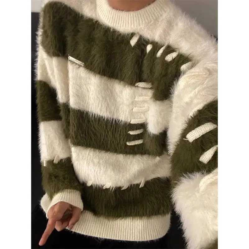 American soft mink mens sweater loose and lazy design high street striped contrast knit sweater fashionable W241213