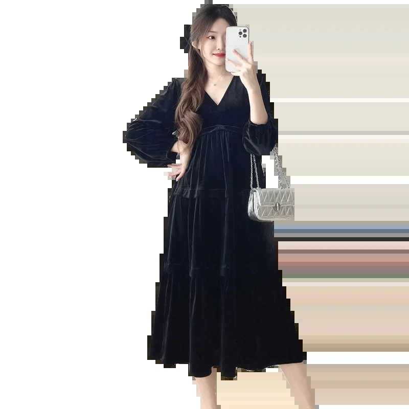 2024 Autumn Materni Velour Dress Black Office Lady Elegant Clothes Long Sleeve V-neck High Waist Pregnant Woman Brief DressesXJ241213