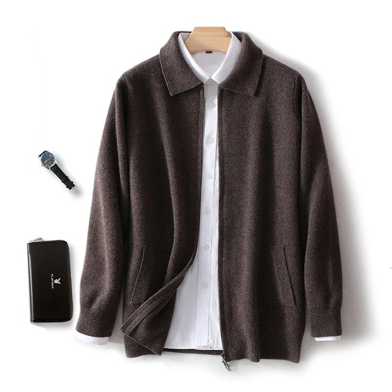 Autumn Winter 100% High Quality Wool Cardigan Mens Lapel Thick Zipper Casual Sweater Large Size Cashmere Knit Jacket Men Tops 241209