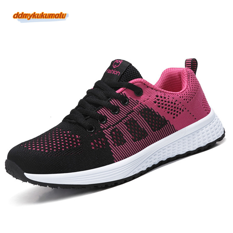 Casual Breathable Walking Mesh Lace Up Flat Shoes Sneakers Women Tenis Feminino Pink Black White #30 ddmykukumalu