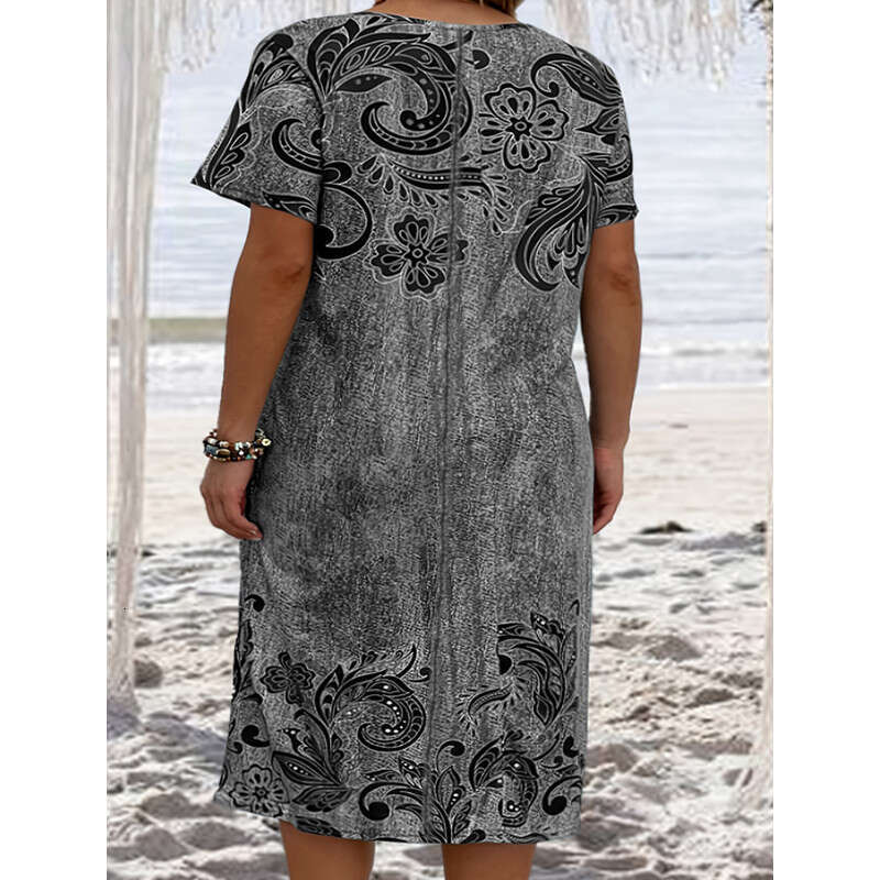 Large size women's loose 3D printed pocket dress 2024 new style chic and elegant clothing