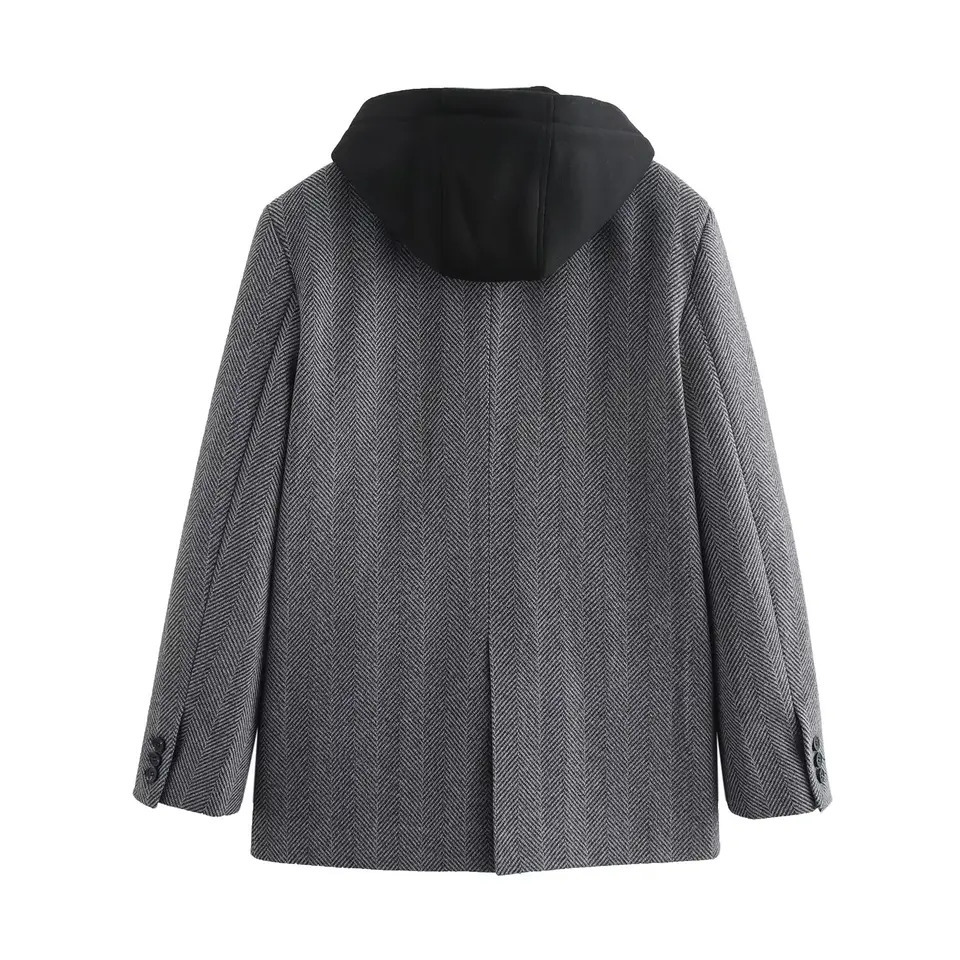 Dave Di Autumn And Winter French Minimalist Gray Texture Hooded Patchwork Jacket Retro Casual Suit Blazers Women 241209