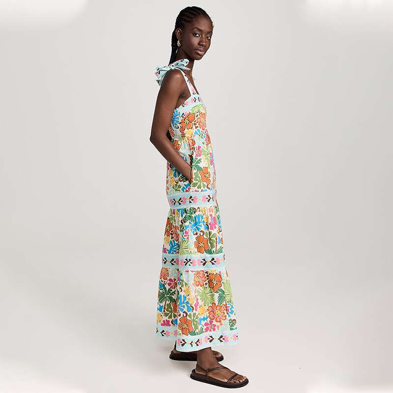 Summer European And American New Sleeveless, Collarless, High Waisted Plant Printed Women's With Large Swing Suspender Dress