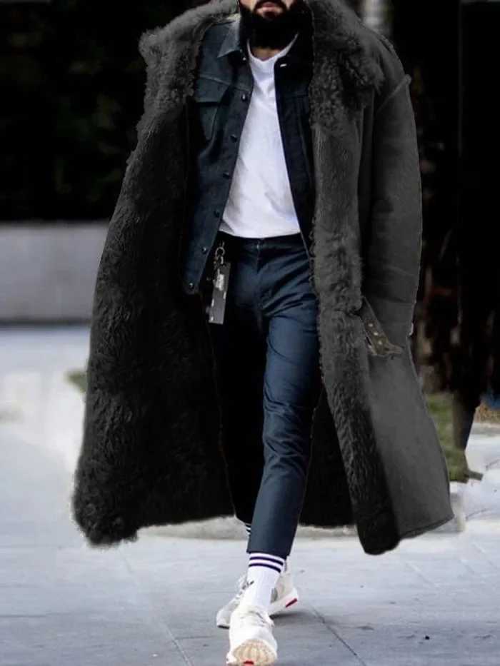 Mens autumn and winter coat faux fur leather jacket solid color long sleeved button collar warm casual fashionable comfortable regular W241213