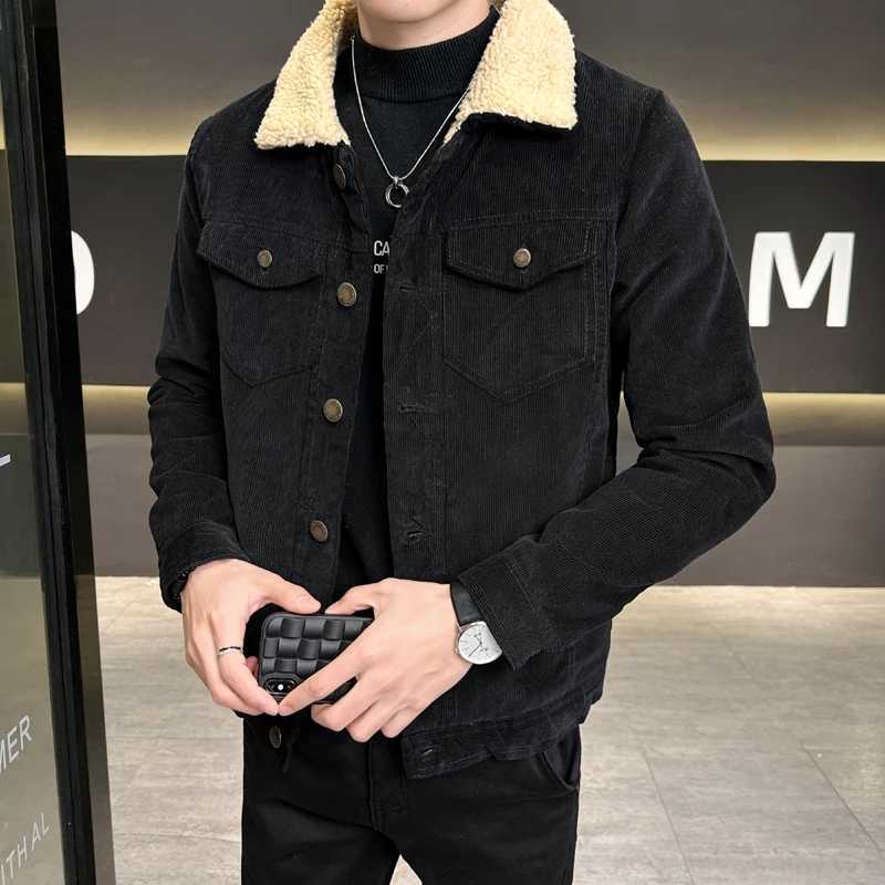 Casual 2024 Autumn Mens Thicken Corduroy Fleece Jackets Outwear Solid Color Warm Plush Coat Slim Fit Lamb Fur Top Padded Parkas W241213
