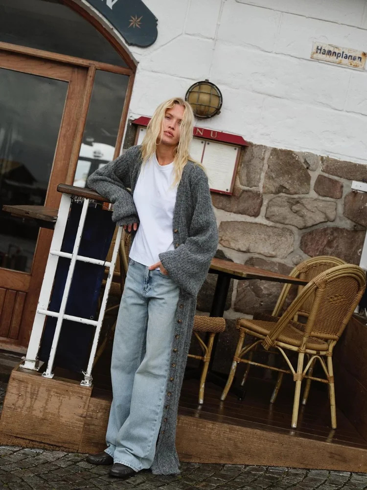 Chic Women Grey Single Breasted Knitted Cardigan Elegant V Neck Lantern Sleeves Slim Long Sweater Autumn Winter Lady Street Wear 241214