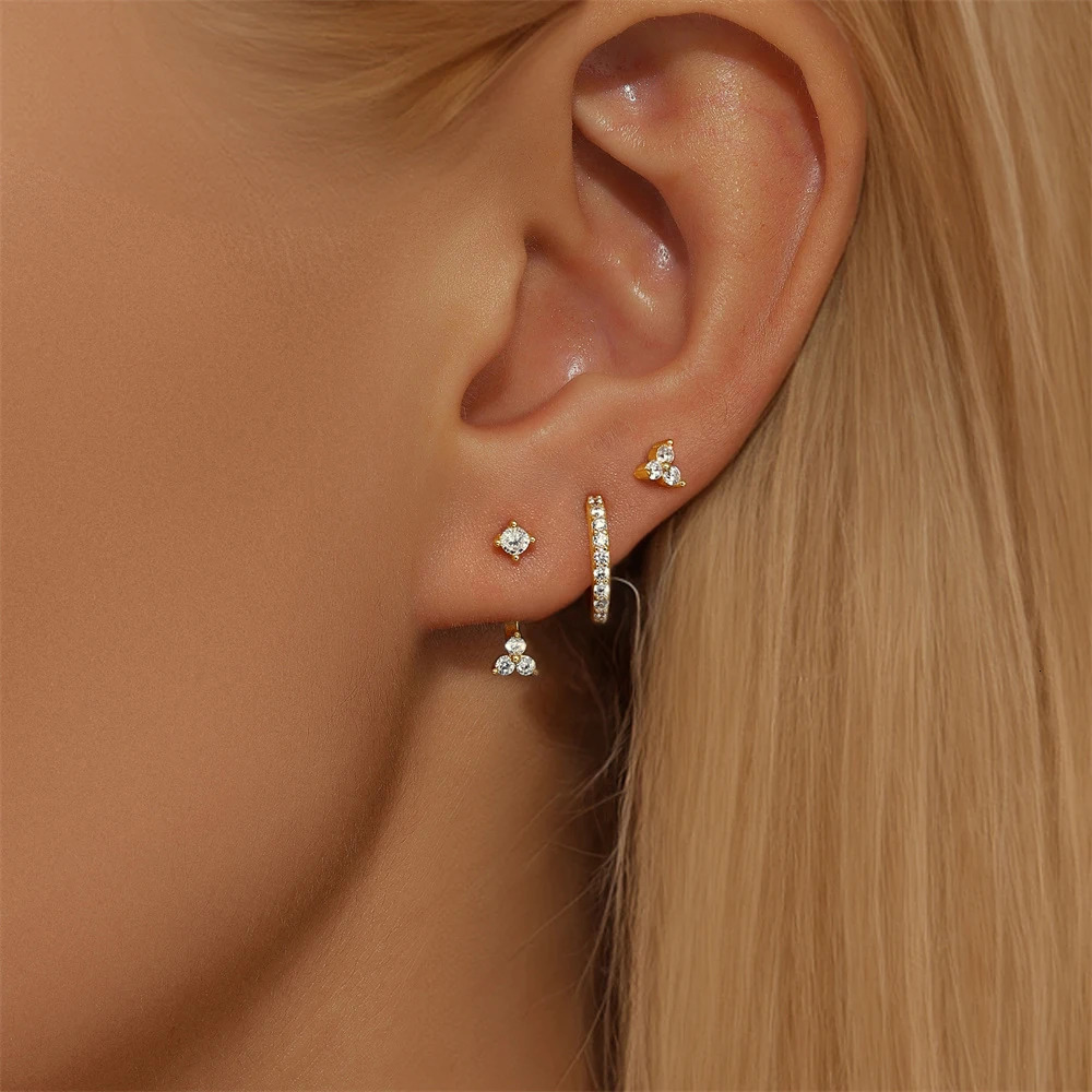 CANNER 3/4pcs/set 925 Sterling Silver Clear Zircon Simple Star Moon Flower Stud Earrings for Women Jewelry Gifts Pendientes 241214