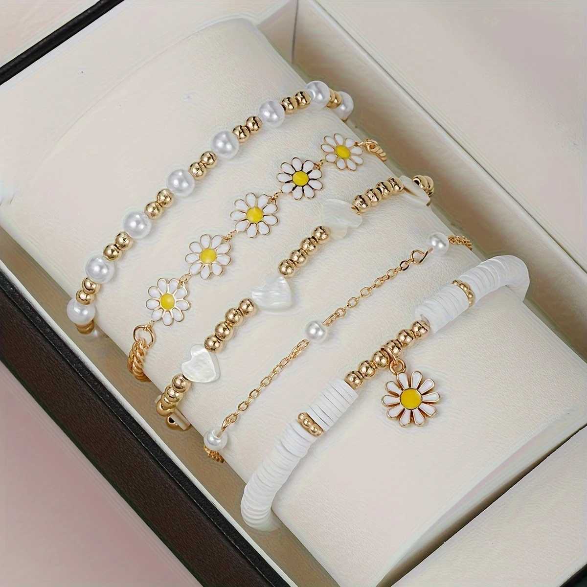 5pcs Daisy Flower Pendant Beaded Chain Pure And White Faux Bracelet SetXJ241214