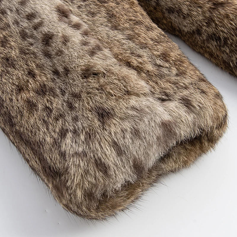 Rabbit Fur Frame Collar Fashion Womens Fur Coat Classic Leopard Pattern Elegant Fur Coat Medium Length Warm 241210