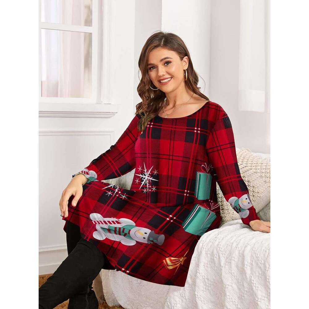 European American fashion Christmas print mid sleeve plus size women's 2024 new style chic and elegant clothing