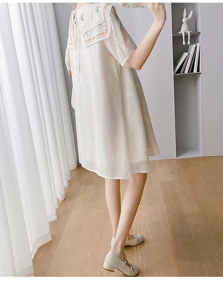 2024 Korean Sle Floral Embroidery Peter Pan Collar Materni Dress Loose Fashion Pregnant Women A-Line Dress Pregnancy ClothesXJ241213