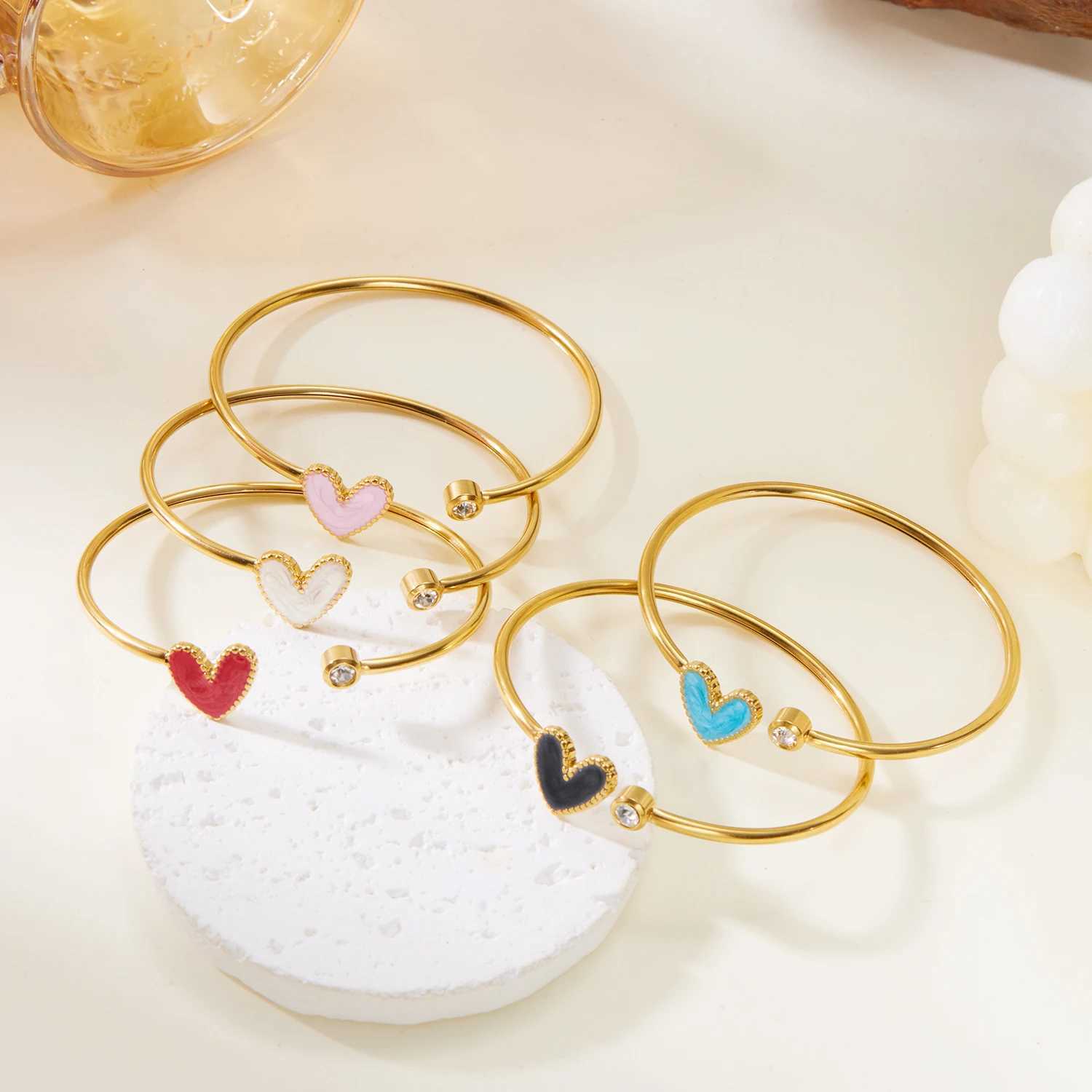 Stainl Steel Heart She Open Bracelet For Women Gold Plated Crystal Zircon Exquisite Open Bangle Waterproof JewelryXJ241214