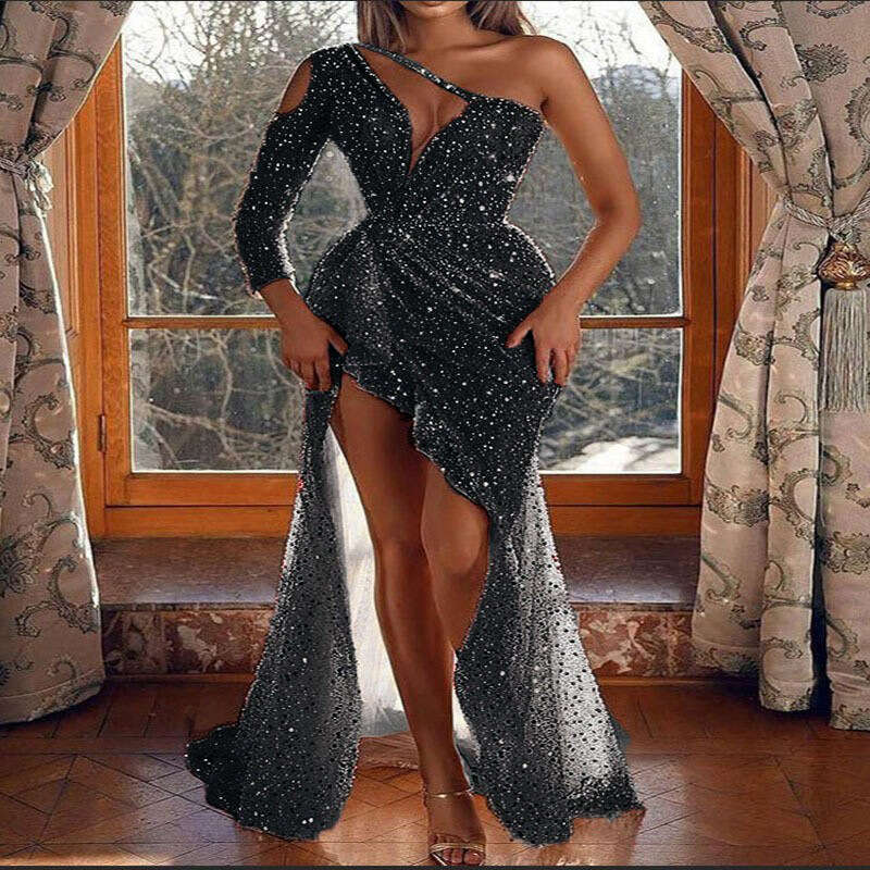 Women's Dreamy Socialite Party Quality Sexy High Slit Long Sleeved Sequined Banquet Evening Dress