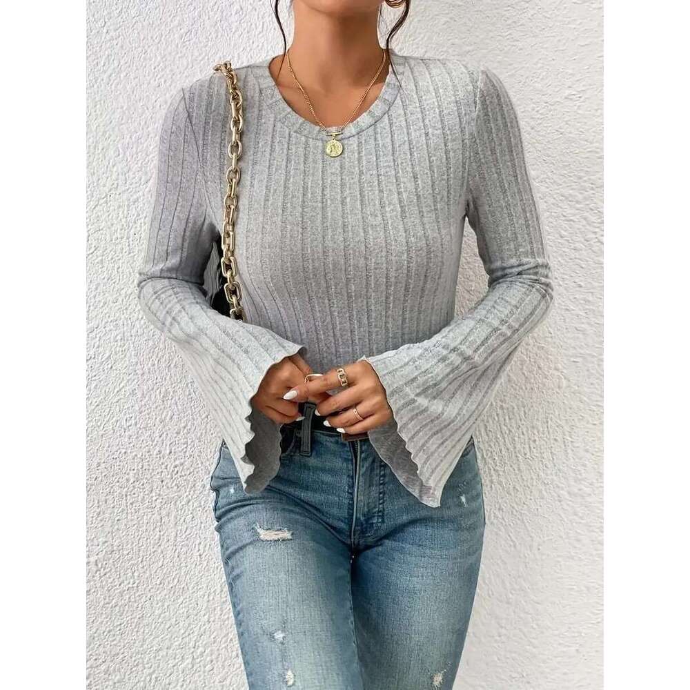 European and American new 2023 autumn short flared sleeve long sleeved round neck lapel simple t