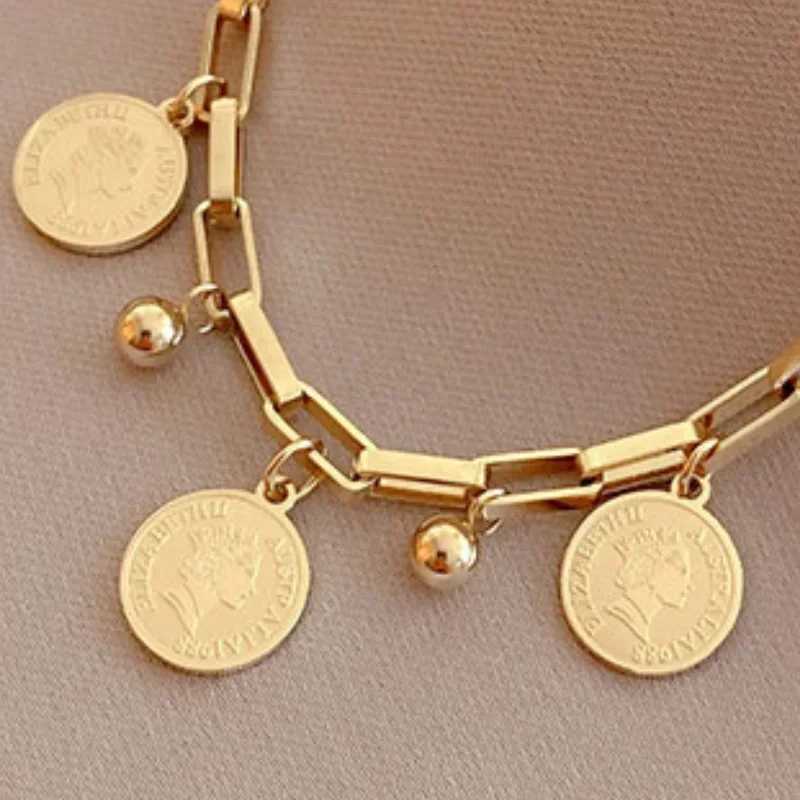 Fashion Gold-color Bracelet Ladies Simple Hip Hop Style Stainl Steel Round Sign Pendant Wide Cross Chain Jewelry AccoriesXJ241214