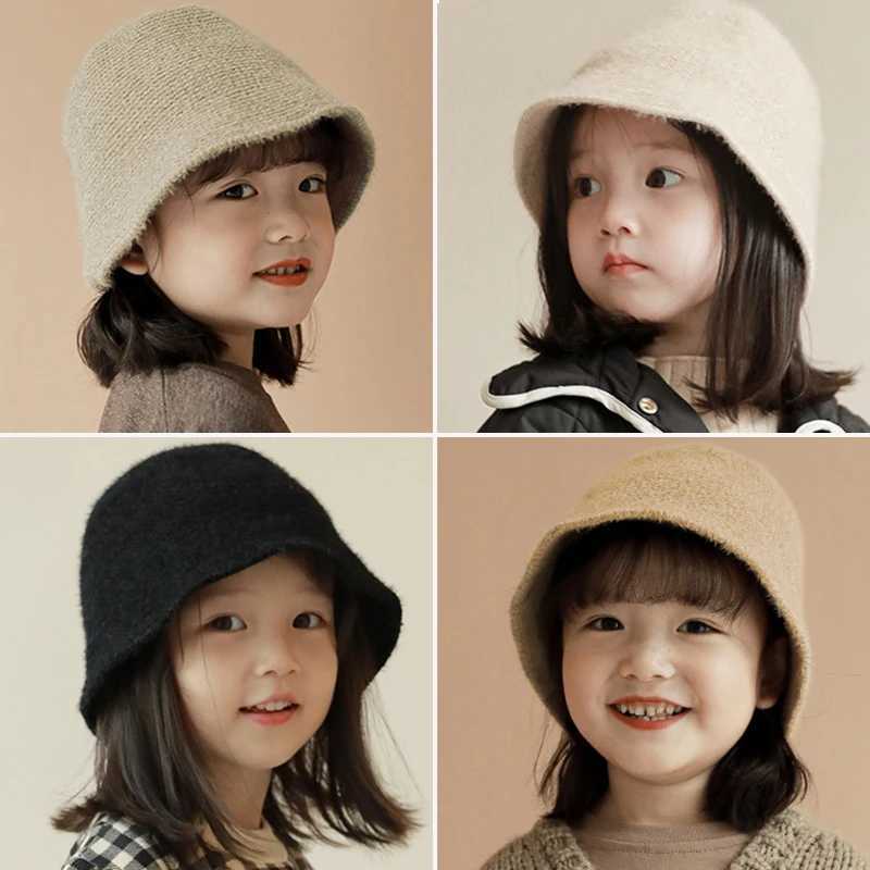 Solid color Japanese baby bucket hat childrens autumn and winter outdoor soft and warm potted hat sweet girls casual Panama fisherman hat W241213