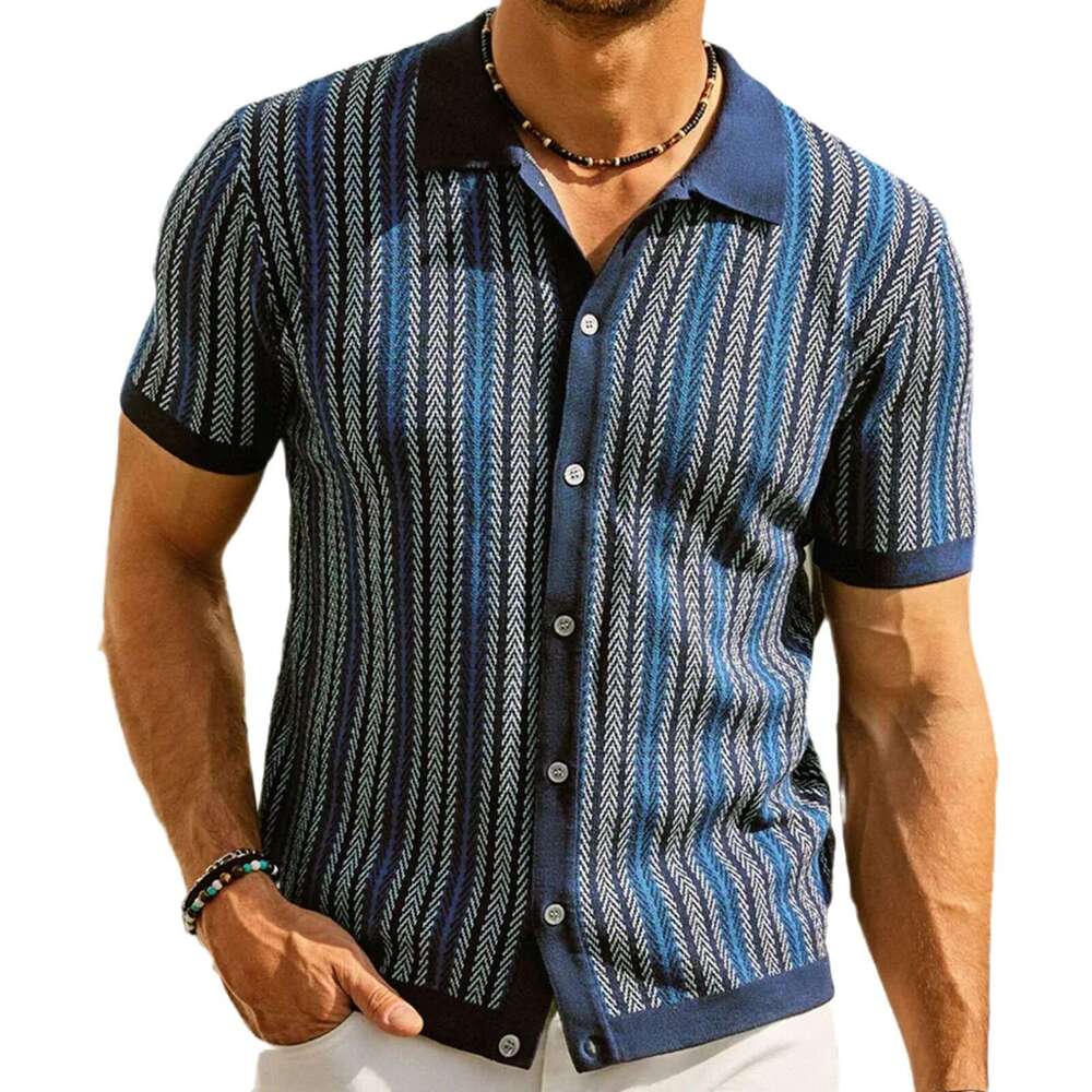 European And American Men's High-End Short Sleeved Knitted Sweater For Summer, New Striped Jacquard Business Polo Shirt