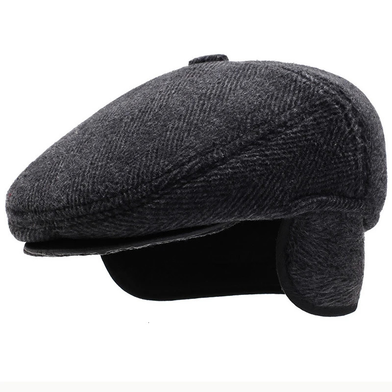HT2630 Beret Cap Autumn Winter Beret Thick Warm Earflap Cap Men Vintage Wool Felt Hat with Ear Flap Male Flat Cap 241214