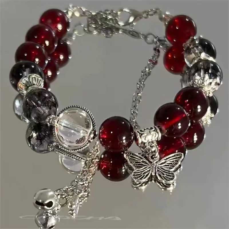 Chinese Style Red Crystal Feather Cross Pendant Bracelet For Girls Women Vintage Elastic Beaded Chain Bracelet Jewelry GiftsXJ241214