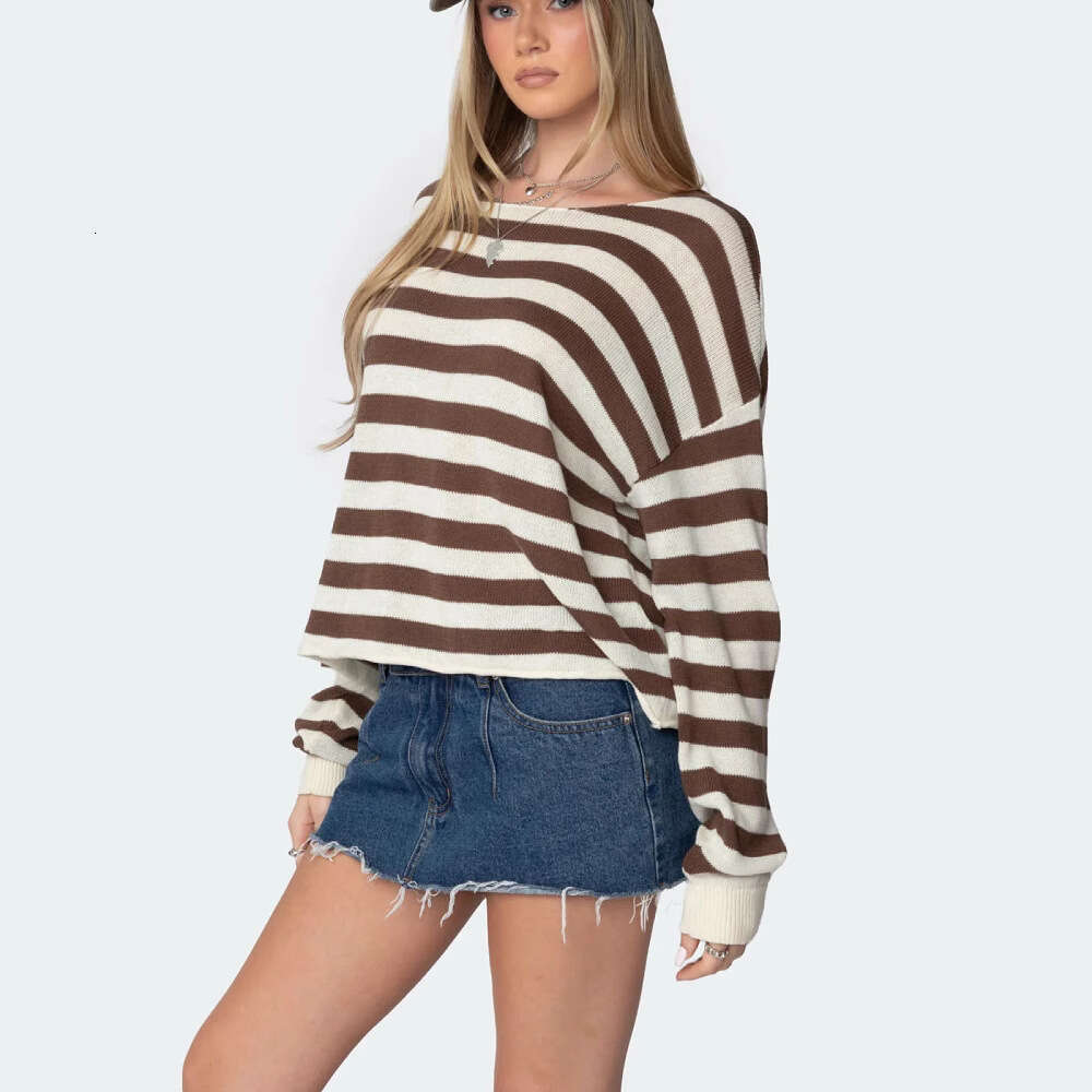 2025 European and American new knitted top women's casual loose striped long sleeved pullover sweater for women