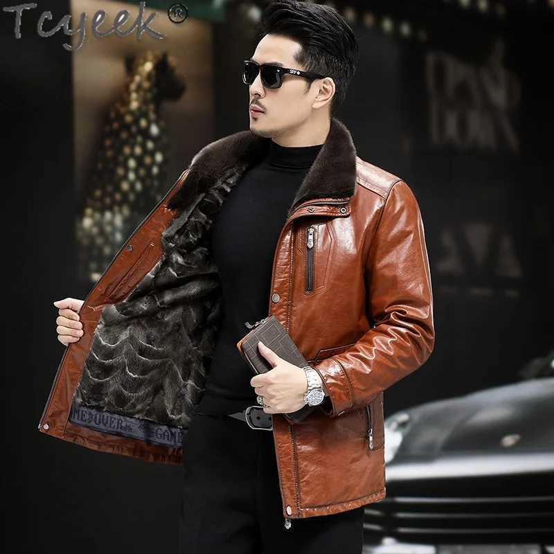 Tcyeek oil wax denim genuine leather mens jacket real mink coat medium long real fur coat mens winter clothing W241213