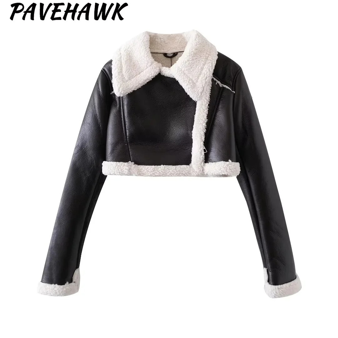 Womens cut PU leather jacket autumn and winter wool front zipper bomber tweed jacket solid long sleeved womens warm fur coat 241210