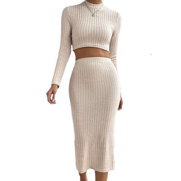 2023 European and American autumn new round neck exposed navel long sleeved top+hip hing skirt set for women