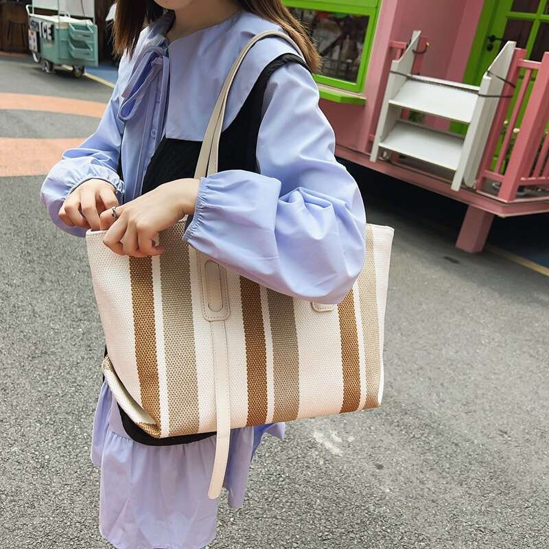 New Minimalist One Shoulder Underarm Bag, Trendy And Fashionable Canvas Striped Large Capacity Versatile Tote Bag