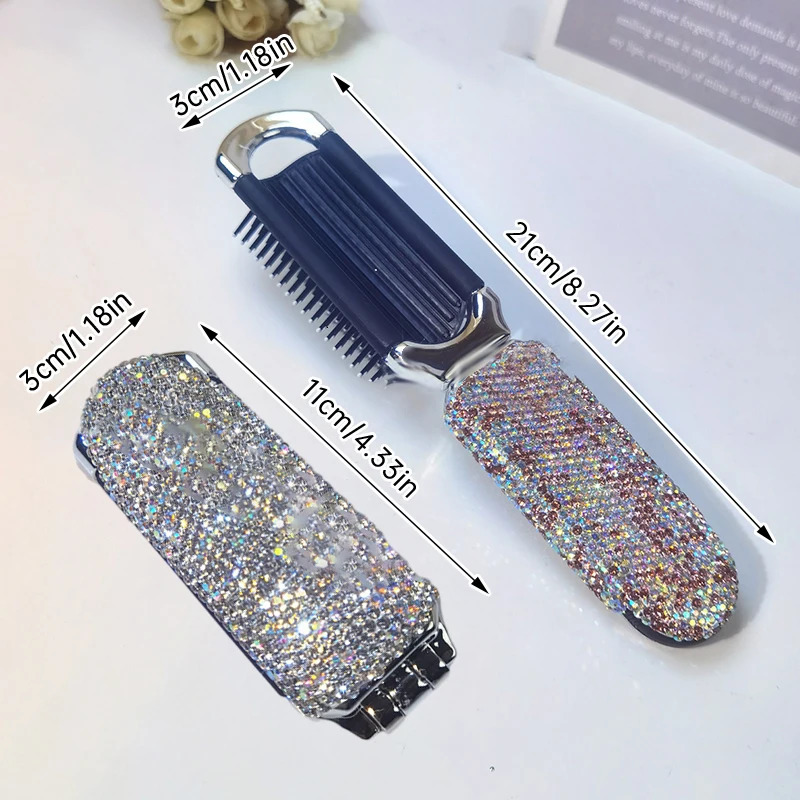 Diamond Mini Portable Folding Comb Mirror 2in1 Bling Rhinestone Air Cushion Comb Cosmetic Travel Pocket Hair Brush Makeup Tool 241213