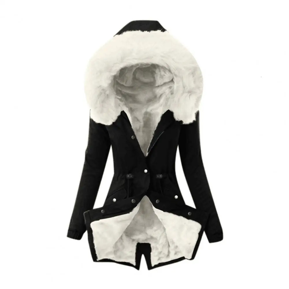Winter womens cotton blend jacket windproof with fur cap pocket zipper down 241212